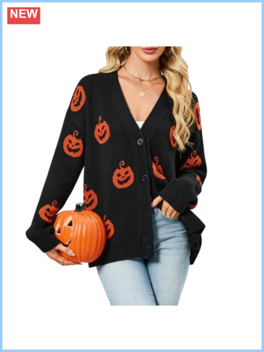 Women's Oversized Open Front Cardigan Button Pumpkin Knit Sweater